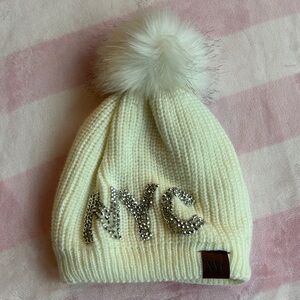 NYC NEW YORK Cream Beanie with Pom Pom Sparkly Letters